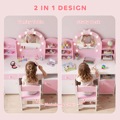 Kids Vanity Set, Kids Dressing Table with Stool, 2-Colour Lights Mirror, Cabinet, Drawer and Shelves, Pink