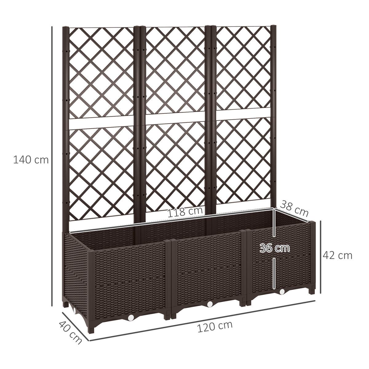Raised Garden Bed with Trellis, Plastic Planter Box with Drainage Holes, Drain Plugs and Water Reservoirs for Climbing Plants, Vegetables, Flowers, Brown