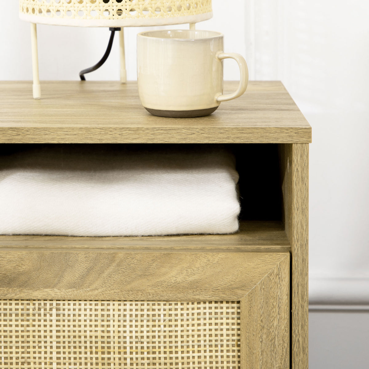 Bedside Table with Rattan Element, Side End Table with Shelf and Cupboard, 39cmx35cmx60cm, Natural