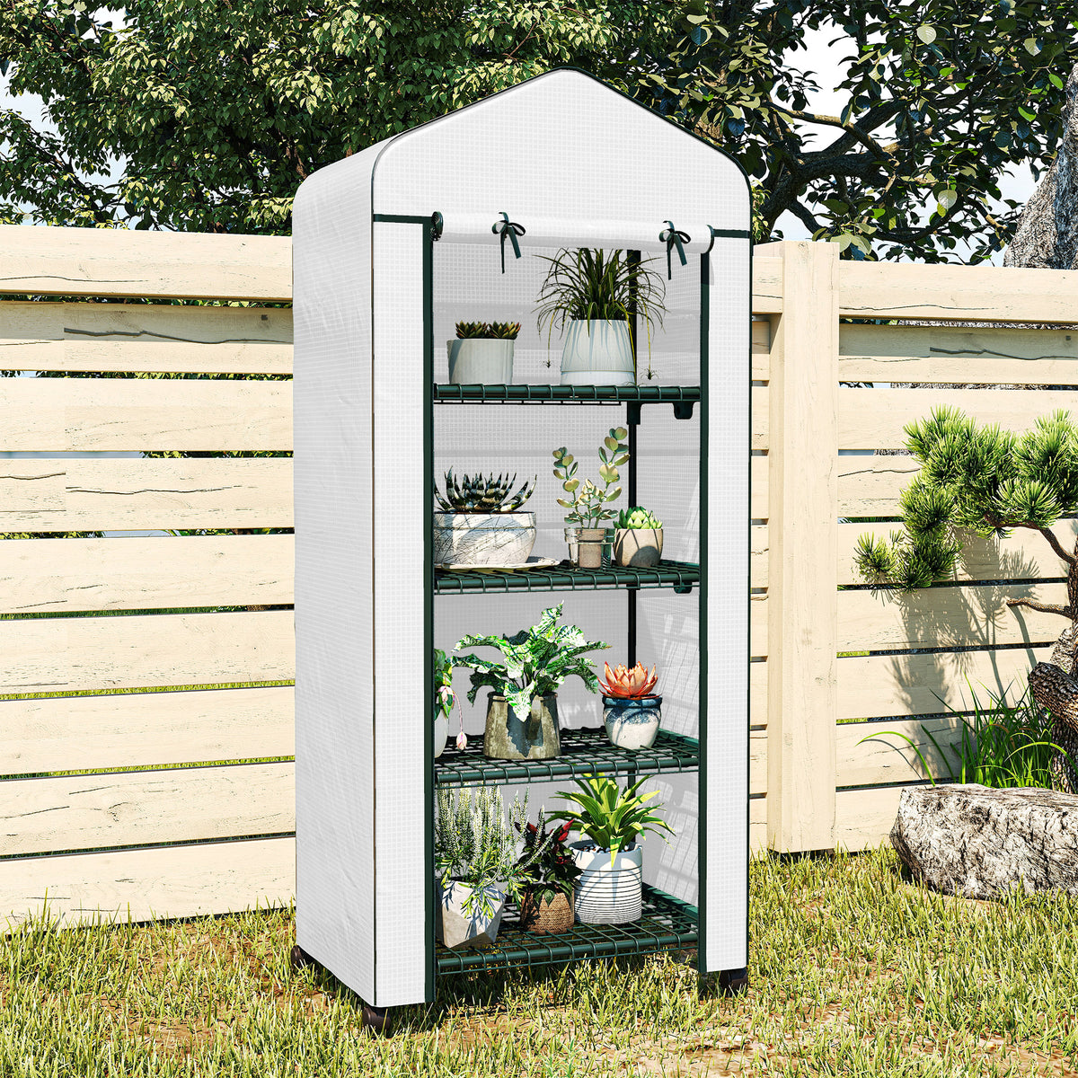 4 Tier Mini Portable Greenhouse Compact Plant Grow Shed Metal Frame PE Cover with Lockable Rolling Wheels, White