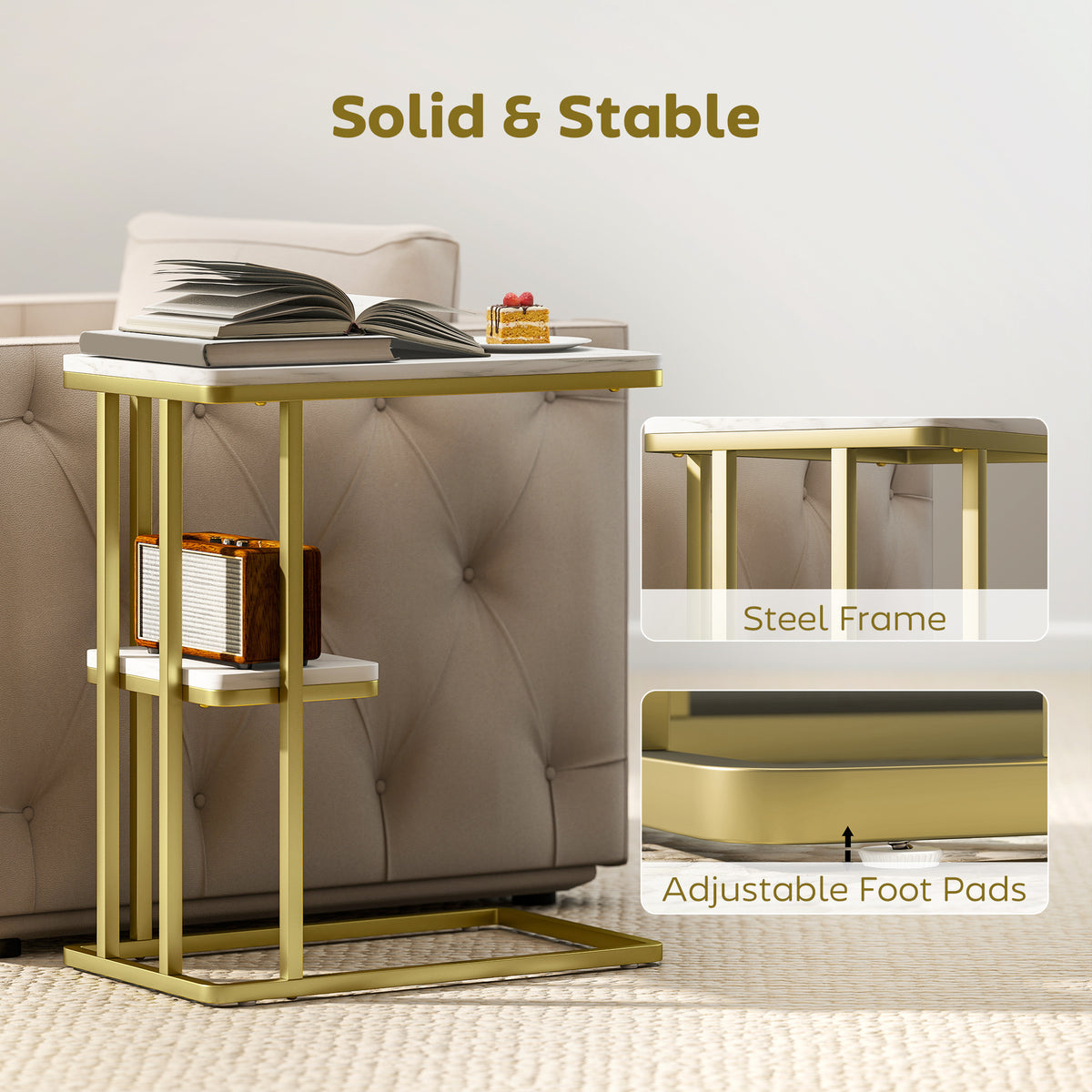 C-Shaped Narrow Side Table, 2-Tier Slim End Table, Nightstand for Small Spaces, Living Room, Bedroom, White Marble Grain