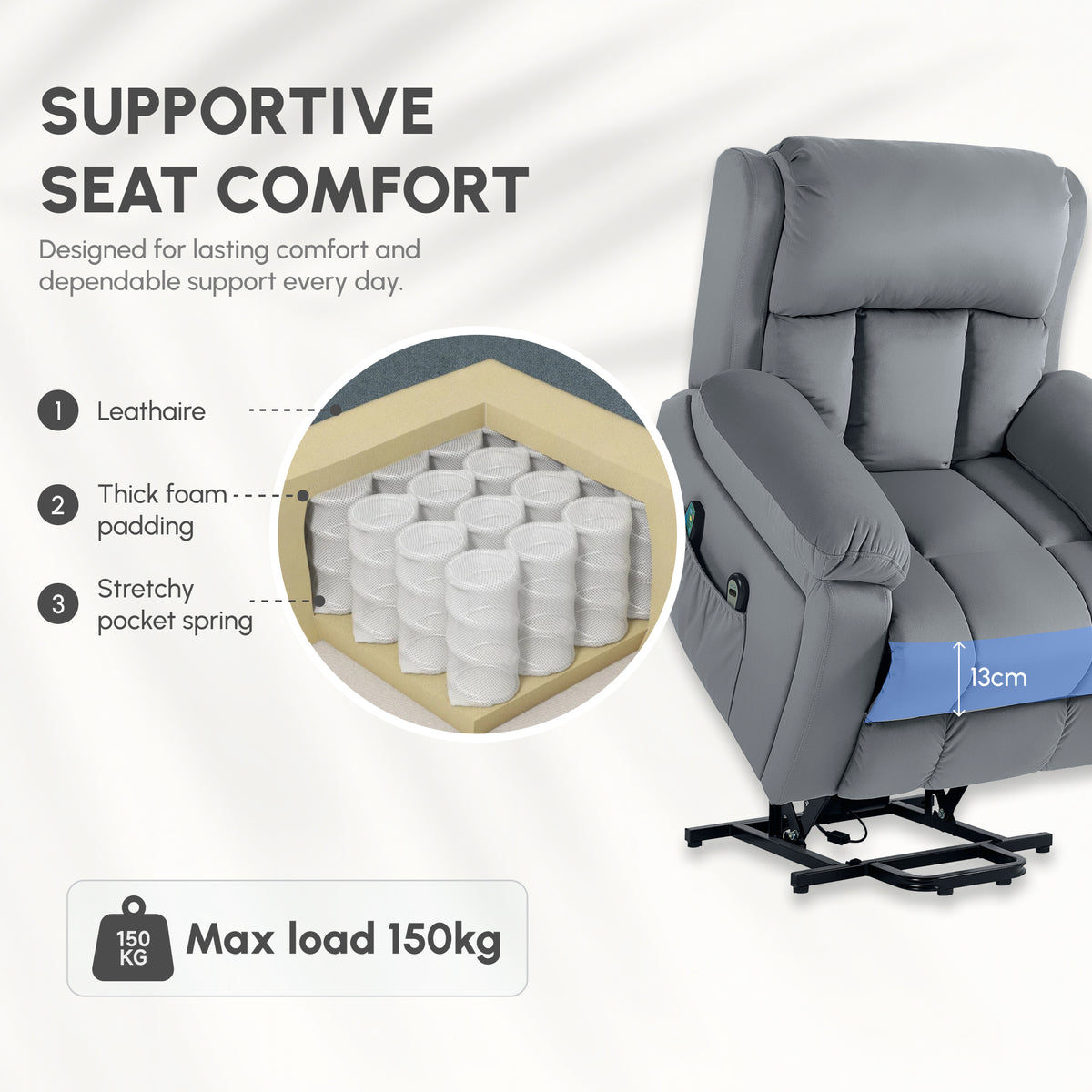 Eight-Point Massage Lift Chair, with Remote - Grey