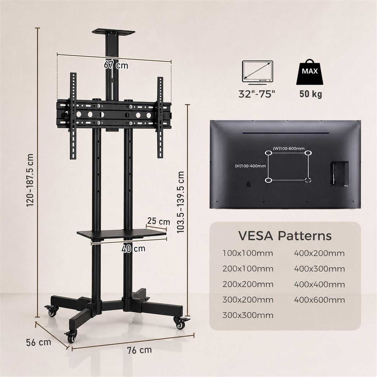 Mobile TV Stand on Wheels for 32-75 Inch Screens, Mobile TV Cart with Tilt, Height Adjustable, Black