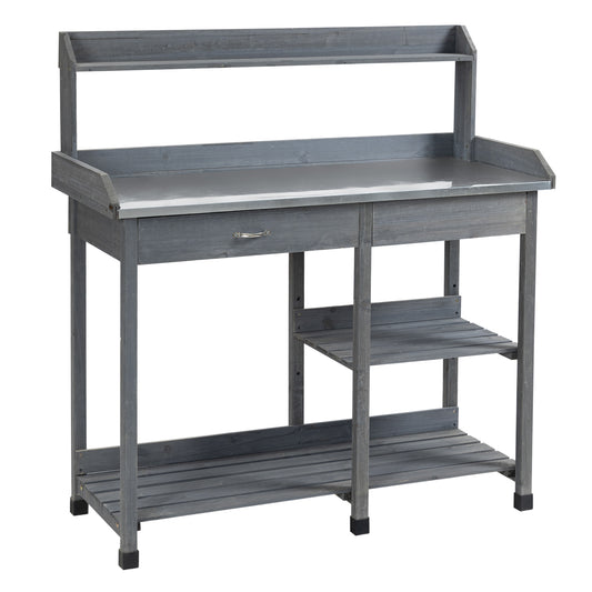 Garden Potting Table with Storage, Workbench, Metal Top, Storage Shelves & Hooks for Patio, Courtyard, Wooden