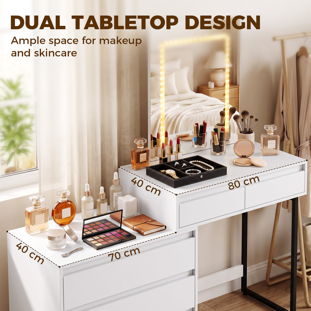 Vanity Makeup Desk LED Mirror Dressing Table Large Storage 5 Drawers White