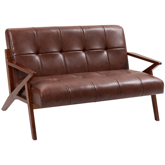 Compact 2 Seater Sofa, Vintage Tufted Loveseat Sofa with Solid Wood Legs, PU Leather Small Couch Settee for Living Room, Bedroom, Home Office, 133 x 81 x 78.5 cm, Brown