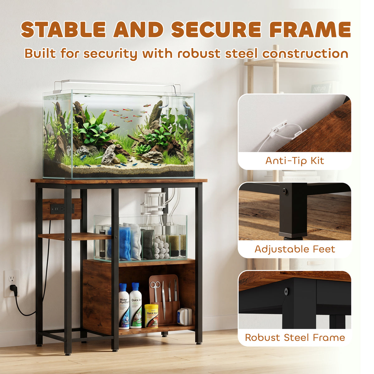 Fish Tank Stand with Power Outlets Aquarium Stand with Cabinet 20-29 Gallon Tanks Tiger Wood Grain