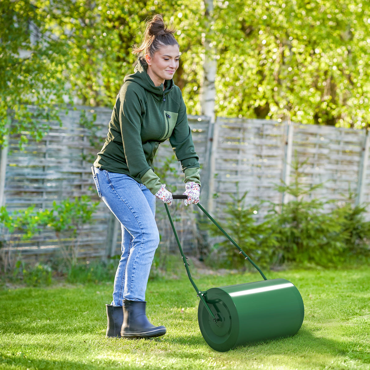 63 L Garden Lawn Roller with Water/Sand Filled Drum, Heavy Duty Steel Lawn Push Rolling Tool for Grass Seeding, Soil Levelling, Dark Green