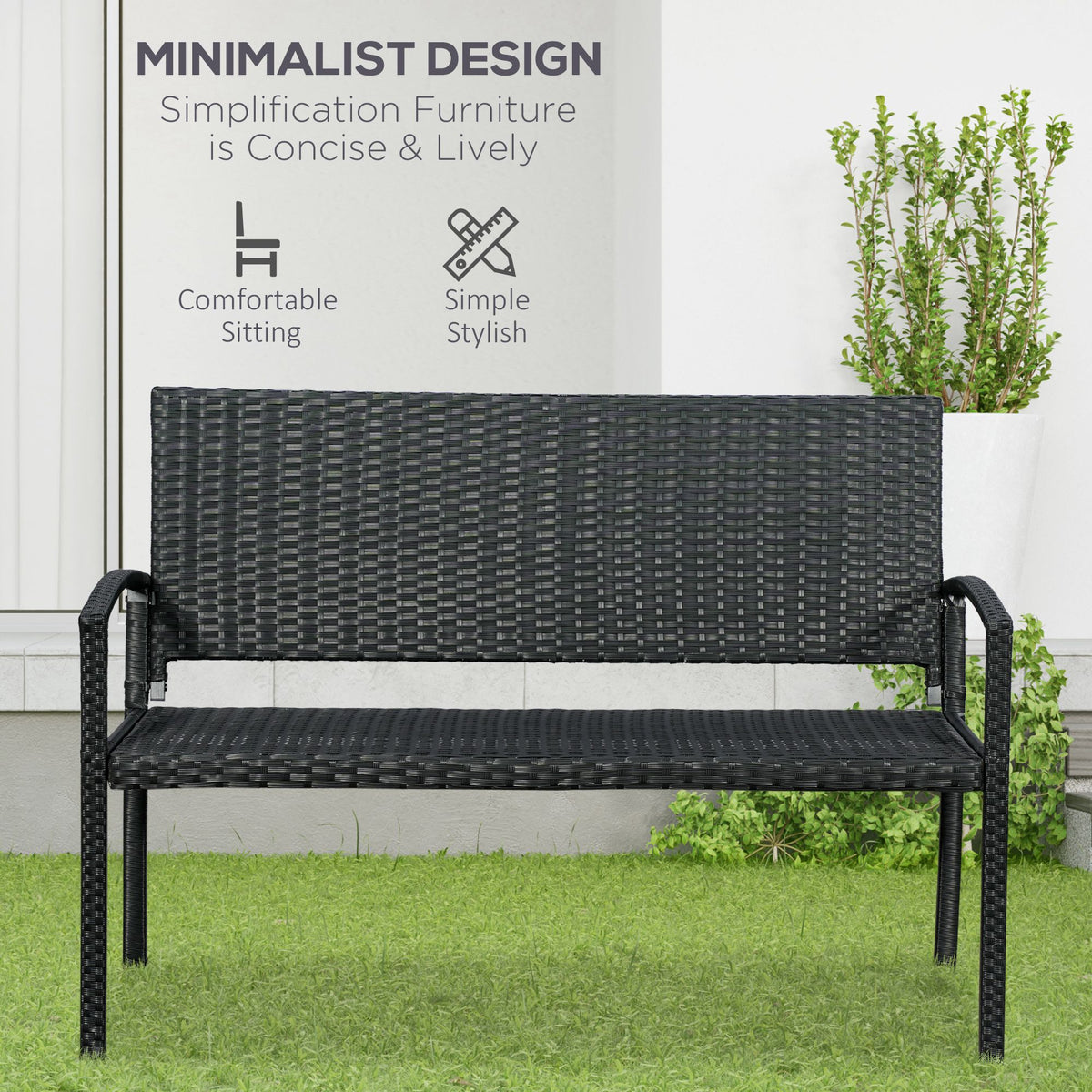 2 Seater Poly Rattan Garden Bench, All Weather Wicker Garden Loveseat, Outdoor Seating Bench with 240 Load Capacity, Backrest and Armrests for Patio, Terrace, Balcony