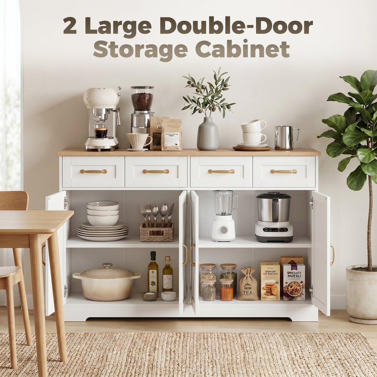 Sideboard Buffet Cabinet, 140 cm Kitchen Storage Cabinet with 4 Drawers, 4 Doors and 2 Adjustable Shelves, White