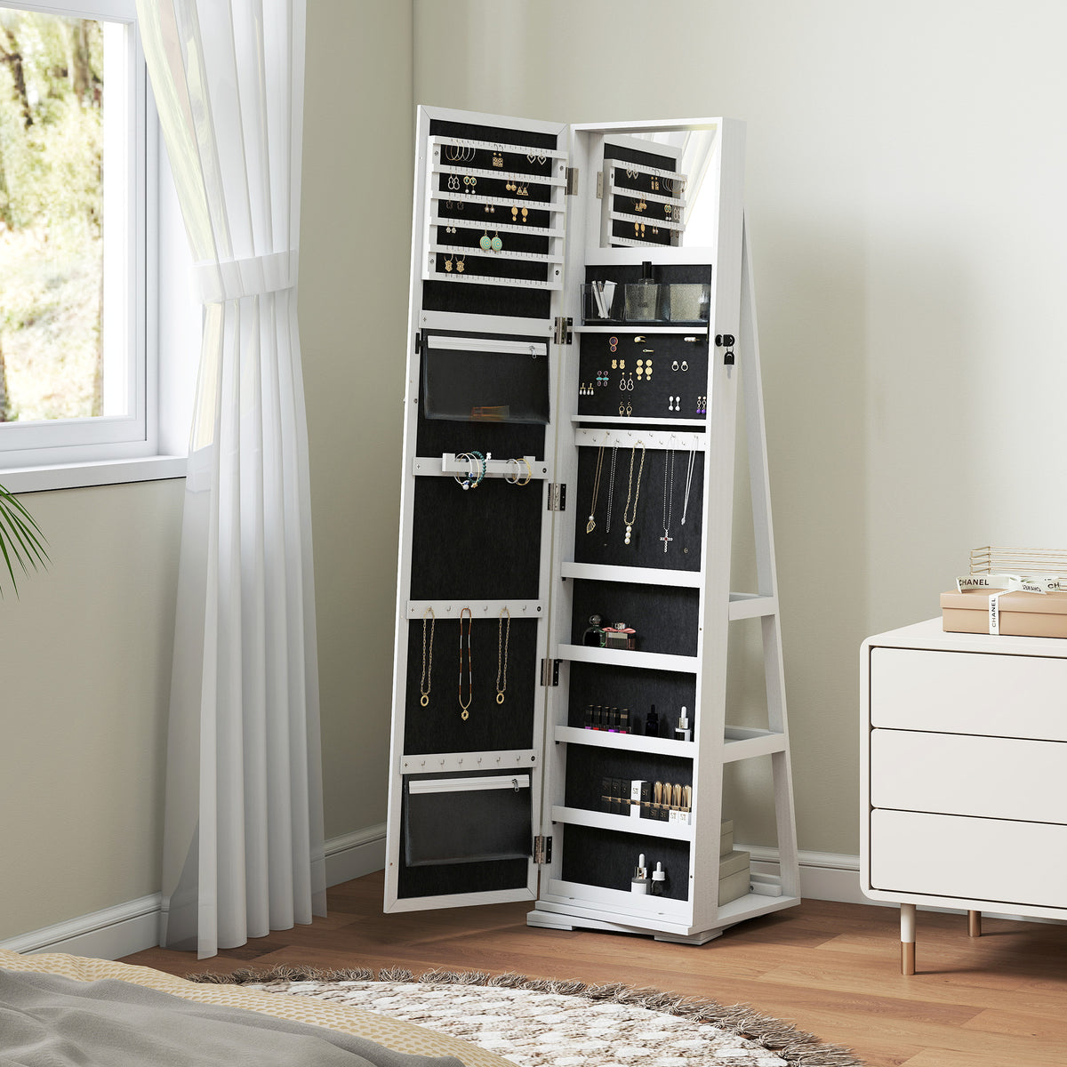 360° Swivel Jewellery Cabinet, Free Standing Full Length Mirror with Storage, Lockable Jewellery Organiser with Built-in Makeup Mirror and Storage Shelves for Bedroom