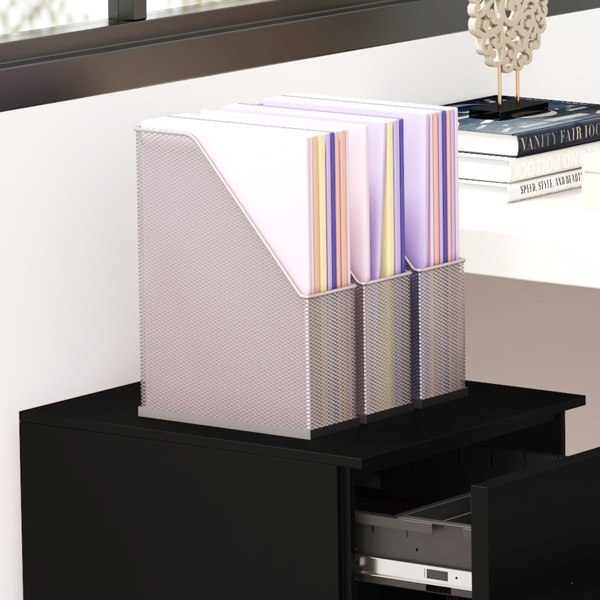 3-Drawer Vertical Filing Cabinet with Pencil Tray, Lock and 5 Wheels, Steel Mobile File Cabinet, for A4, Legal and Letter Size, Pre-Assembled Body