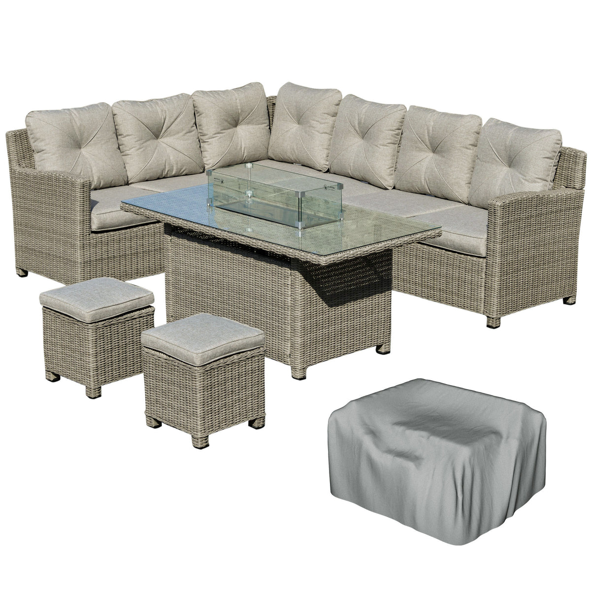 8-Seater Outdoor PE Rattan Sofa Set Conversation Set w/ Fire Pit Table, L-Shape Sofa, Footstool and Furniture Cover