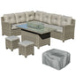 8-Seater Outdoor PE Rattan Sofa Set Conversation Set w/ Fire Pit Table, L-Shape Sofa, Footstool and Furniture Cover