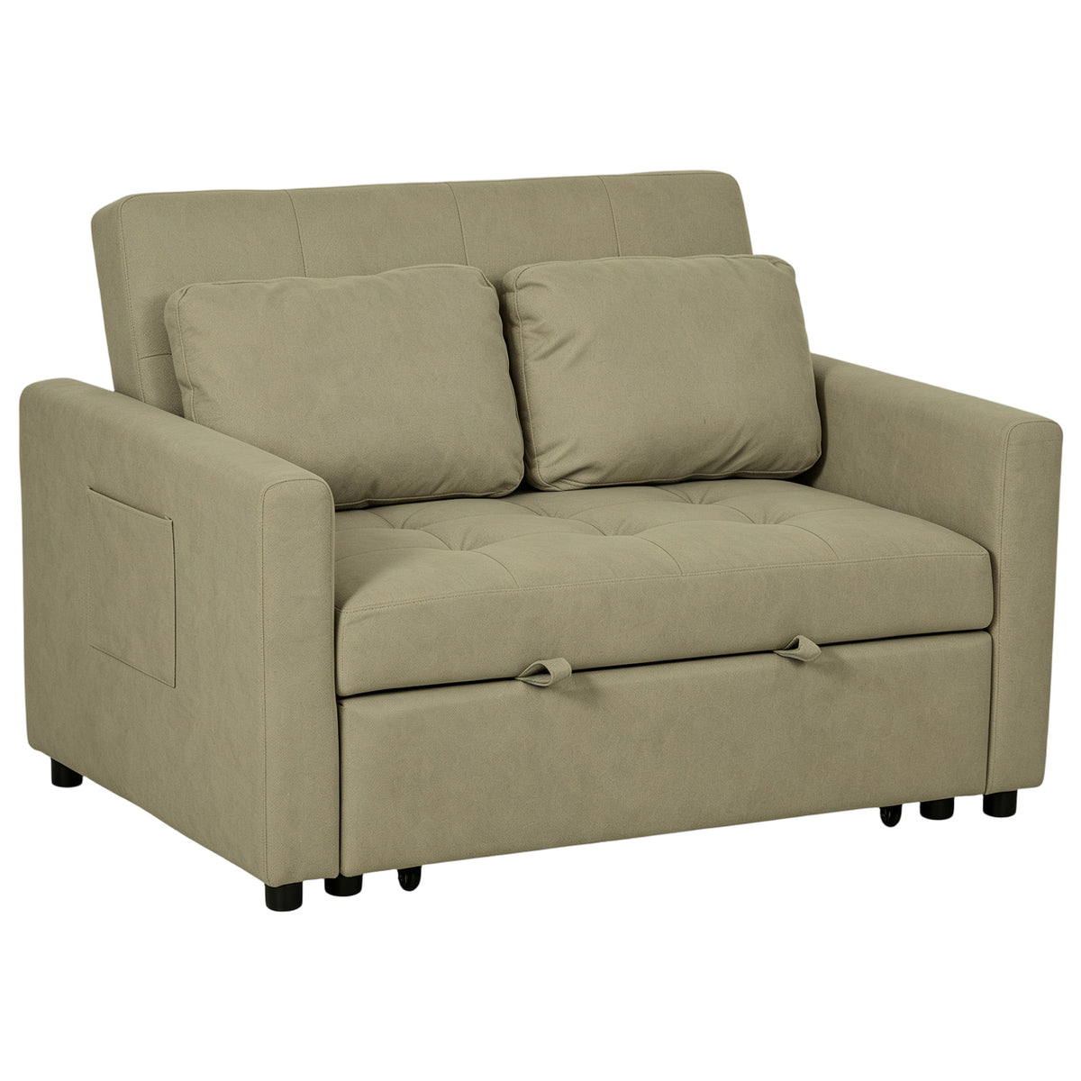 Loveseat Sofa Bed, Convertible Bed Settee with 2 Pillows, Side Pockets, Light Brown
