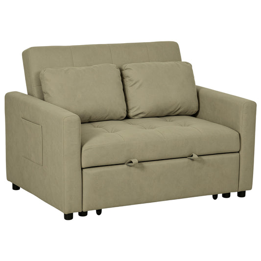 Loveseat Sofa Bed, Convertible Bed Settee with 2 Pillows, Side Pockets, Light Brown