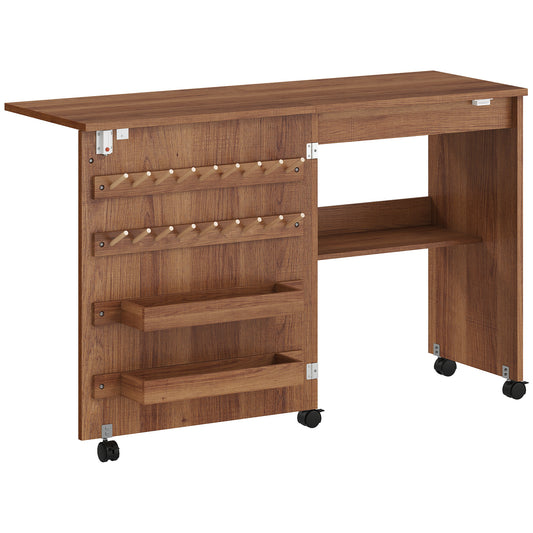 Folding Sewing Table, Rolling Craft Table with Storage compartments, Shelf and Lockable Casters for Small Spaces