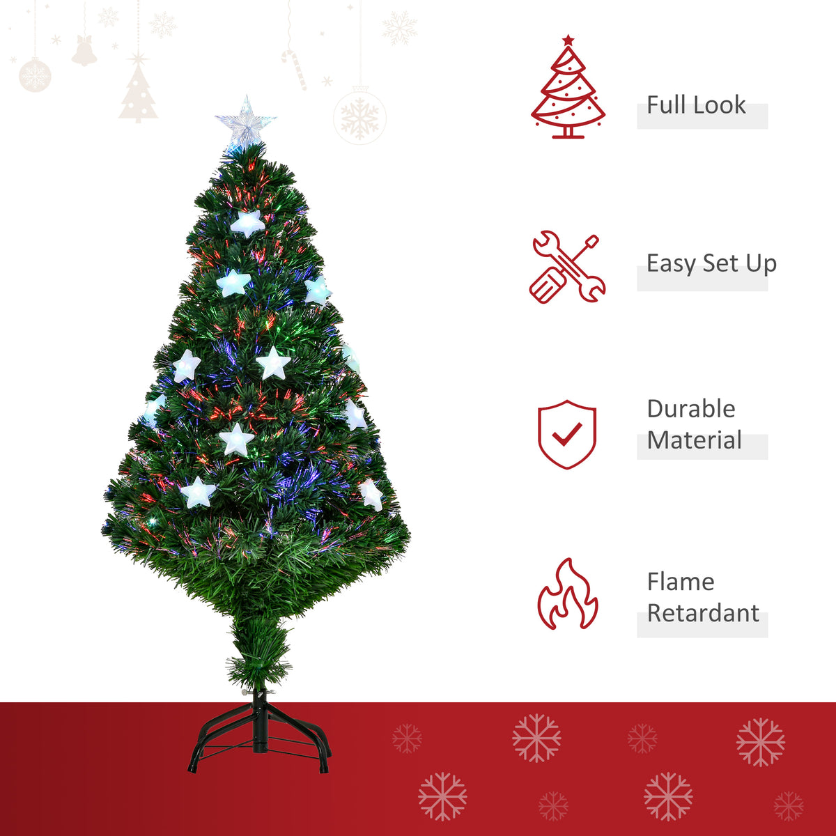 4FT Prelit Artificial Christmas Tree Fibre Optic Star LED Light Holiday Home Xmas Decoration with LED Light for Indoor Party, Green