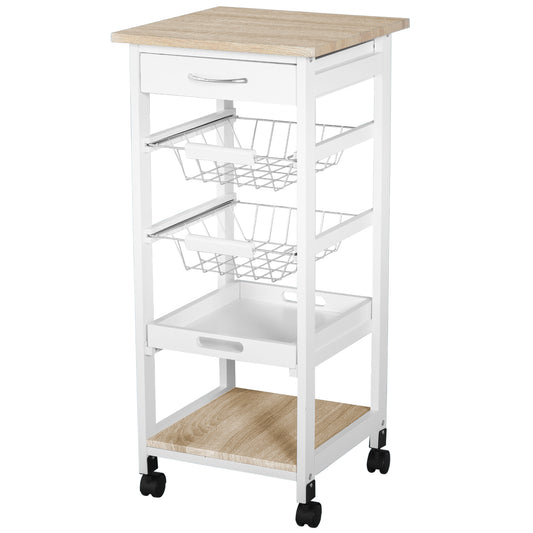 Mobile Rolling Kitchen Island Trolley for Home w/ Metal Baskets Trays Shelves Wheels Compact Storage White
