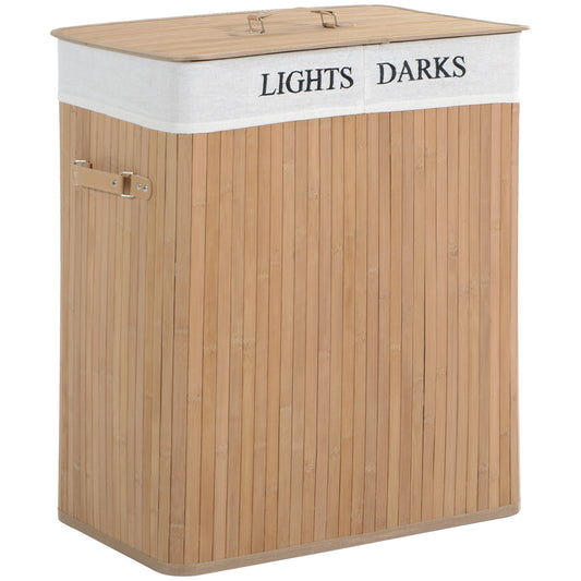 100L Collapsible Natural Wood Laundry Hamper Organizer Clothes Washing Basket Bin Storage Box w/Lid Removable Lining 52x32x63cm, Wood Color