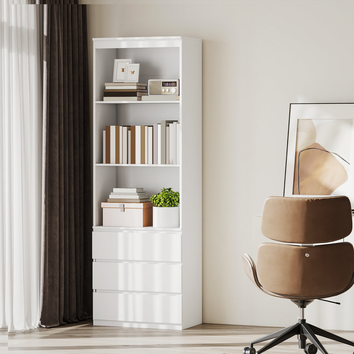 180cm Tall Bookcase, with Shelves and Drawers - White