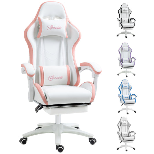 Gaming Chair, Computer Gamer Chair with Reclining High Back, Headrest, Lumbar Support, Footrest, Swivel Wheels, PU Leather, Adjustable Height for Home, White and Pink