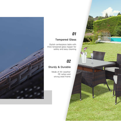 6 Seater Rattan Dining Set with Cushions, Rattan Garden Furniture Set with 6 Armchairs, Rectangular Glass Top Table, Outdoor Dining Table and Chairs, Brown