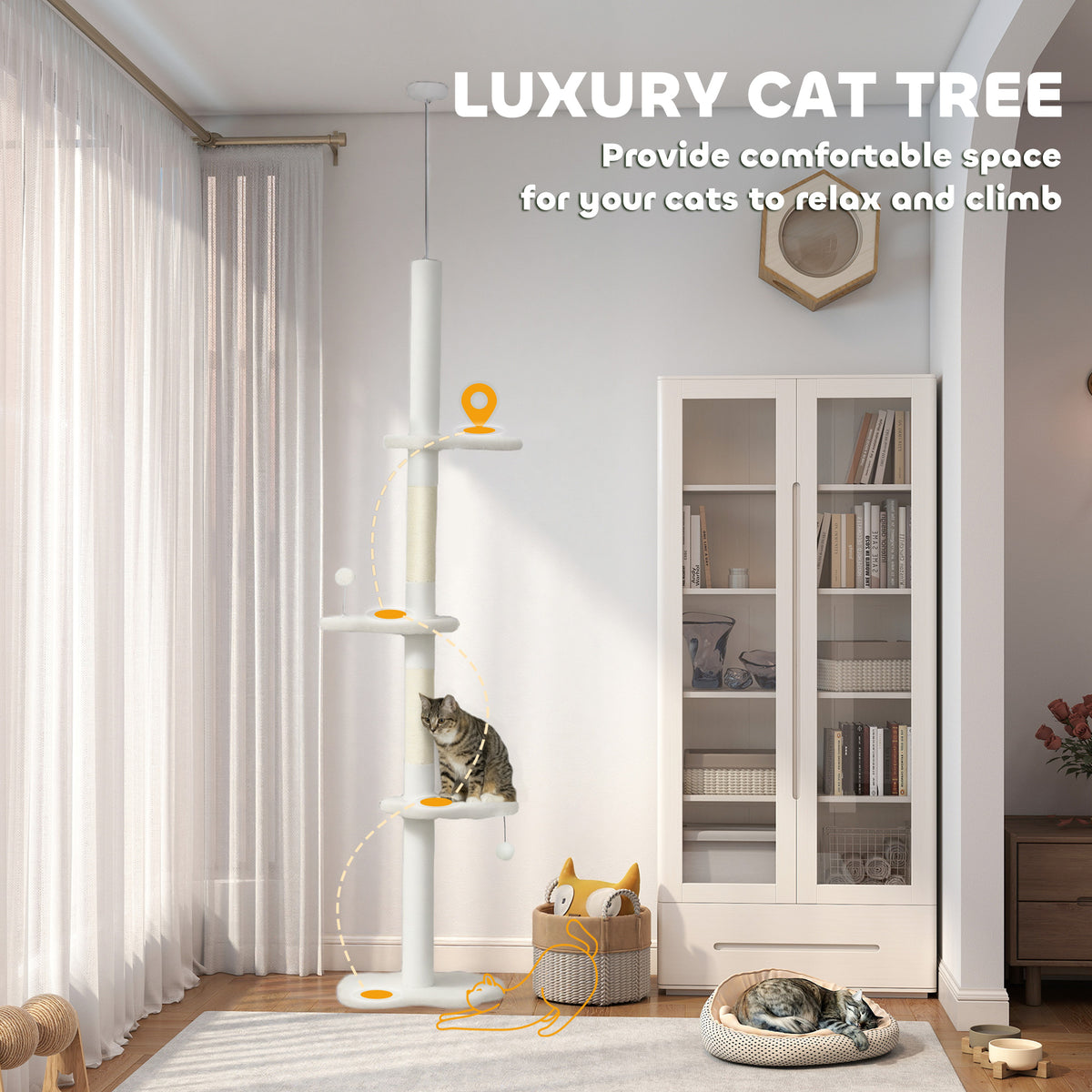 225-255 cm Adjustable Cat Climbing Tower with Sisal Scratching Posts, 2 Hanging Play Balls and Anti-Tip Strap, Beige