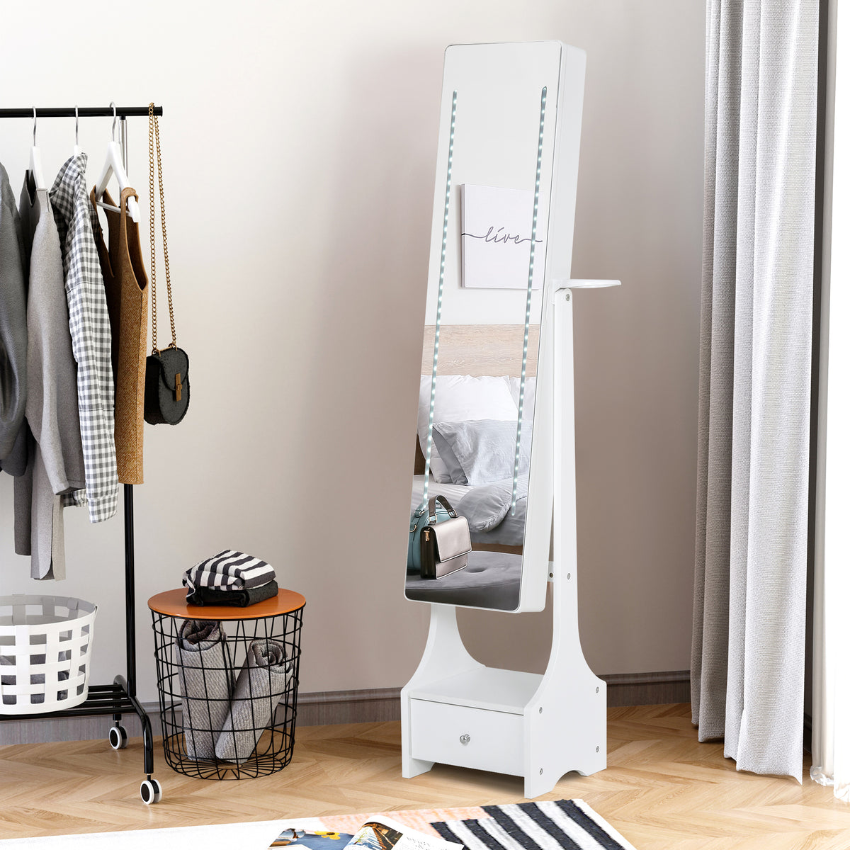 Jewellery Cabinet, Full Length Mirror with Storage, Free Standing Mirror with LED Lights, Hooks, Drawer and Hairdryer Holder for Bedroom, White