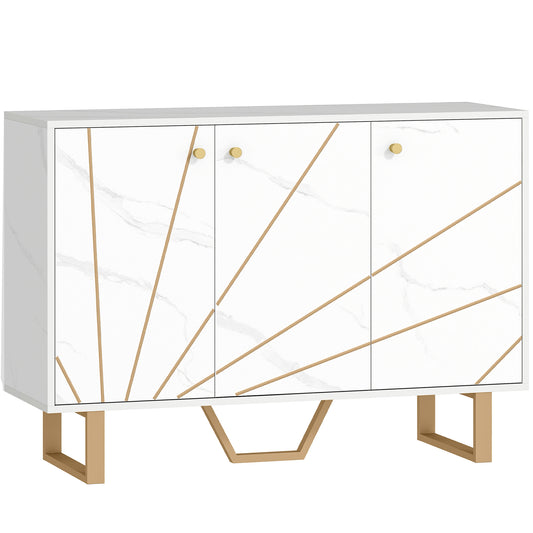 Sideboard Storage Cabinet, Modern Storage Cupboard with Adjustable Shelves and Metal Legs for Living Room, Kitchen, Dining Room, Entryway, White Marble Tone