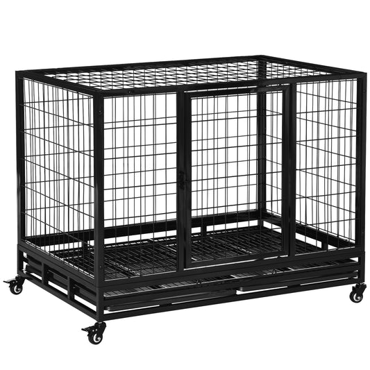 43" Heavy Duty Metal Dog Crate Pet Cage with Tray Wheeled Dog Kennel