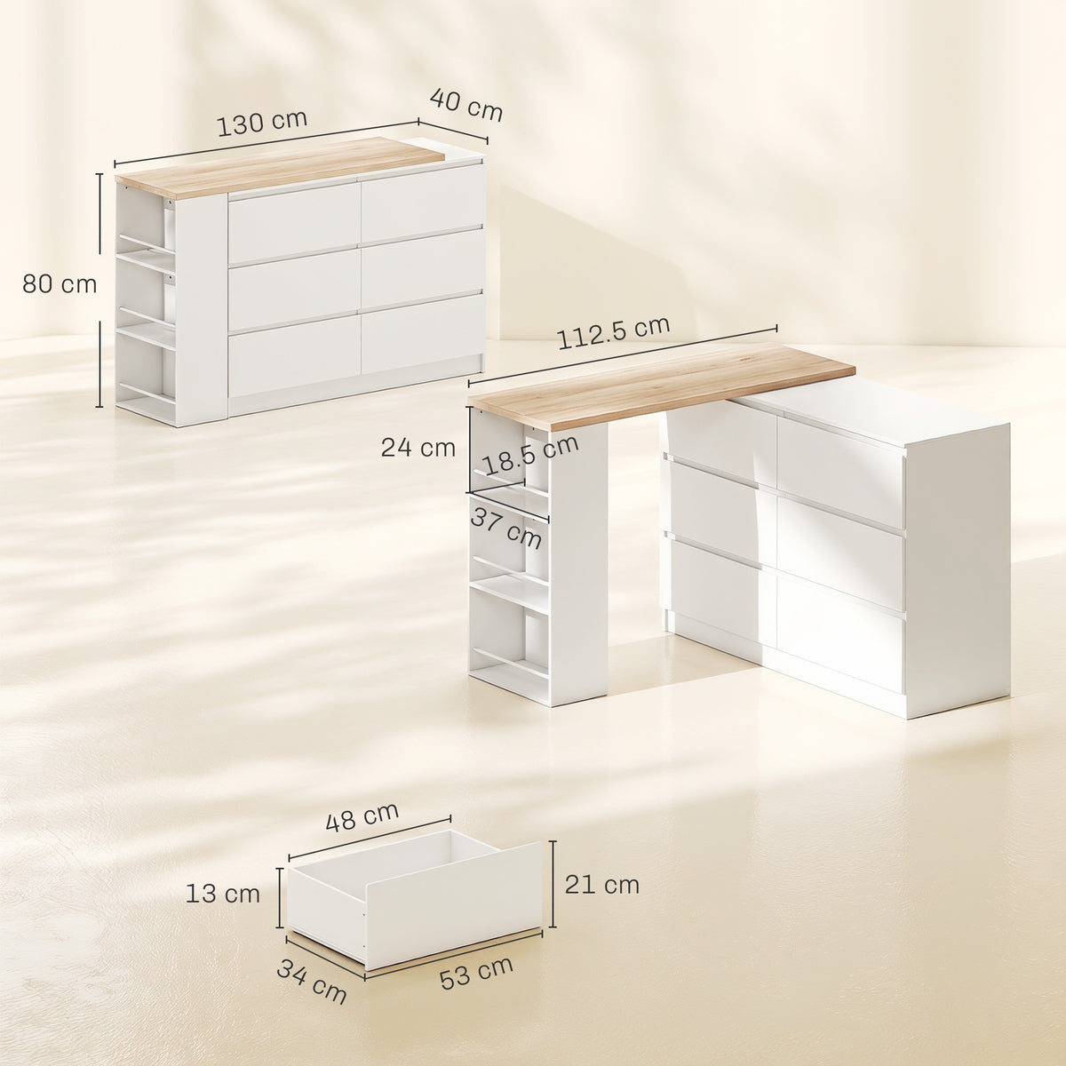 Vanity Table, Dressing Table with 6 Drawers and 3-Tier Shelf for Women and Girls, White