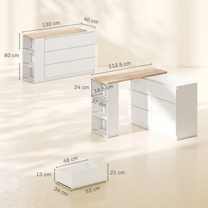 Vanity Table, Dressing Table with 6 Drawers and 3-Tier Shelf for Women and Girls, White