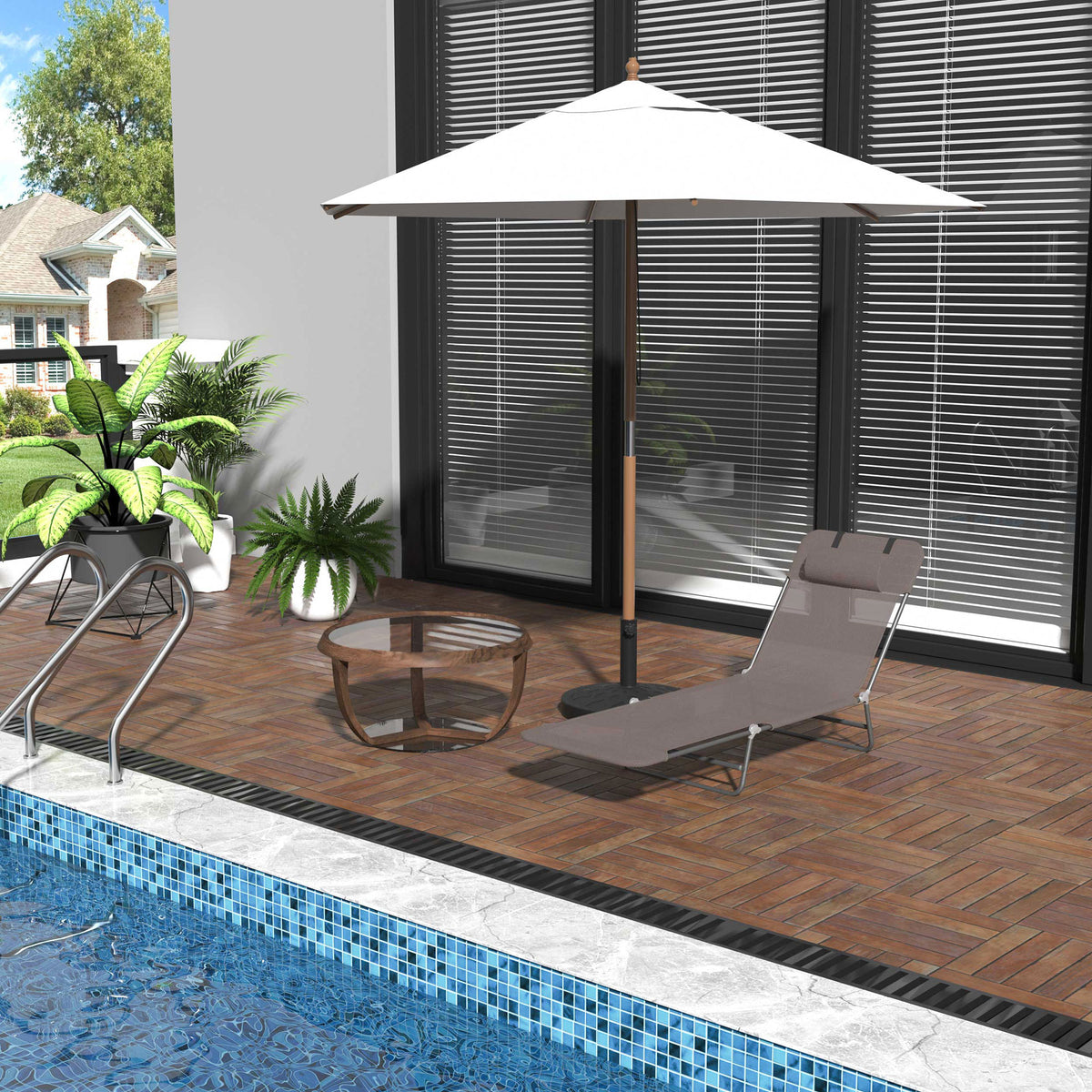 Outdoor Foldable Sun Lounger, Adjustable Backrest Garden Recliner Sun Lounger Chair with Headrest Pillow, Coffee
