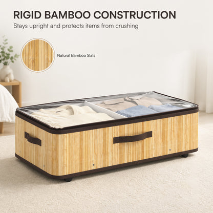 60L Under Bed Storage with Wheels Pack of 2, Underbed Storage Box with Clear Lid Cover and Reinforced Handle, Natural