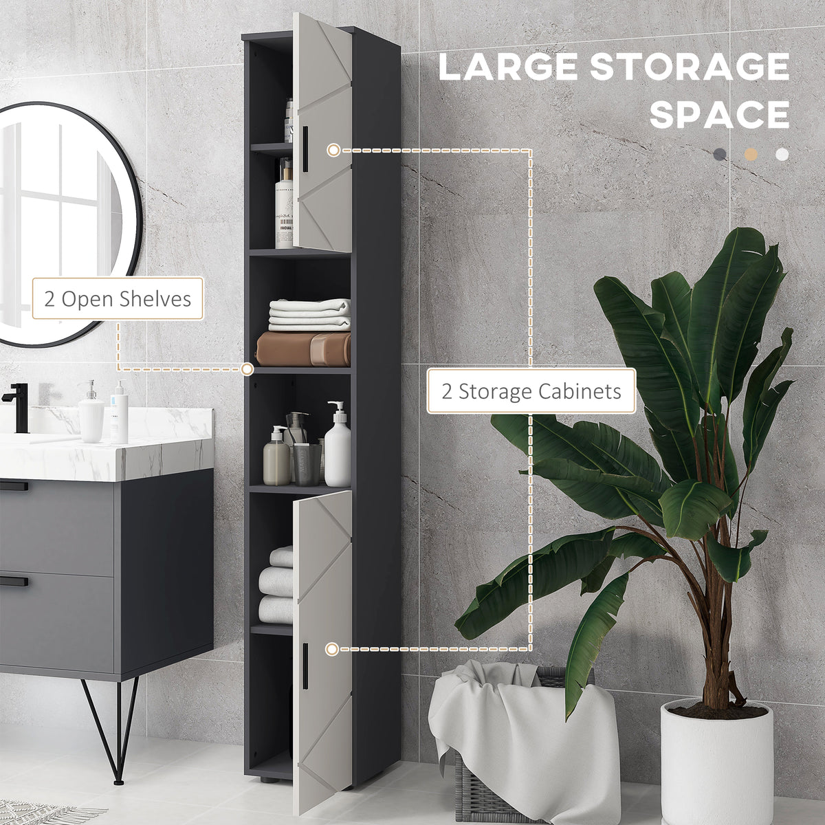 Line Embossed Tall Bathroom Storage Cabinet with Three-position Adjustable Shelves for Minimalist Style