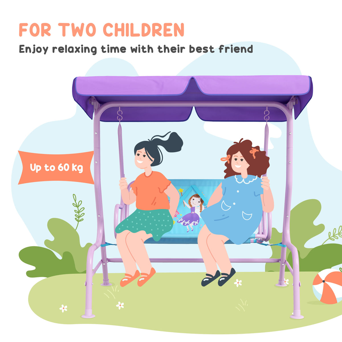 Two Seater Kids Garden Swing, Fairy Themed kids Swing Chair with Adjustable Canopy, Safety Belts for Outdoor Use