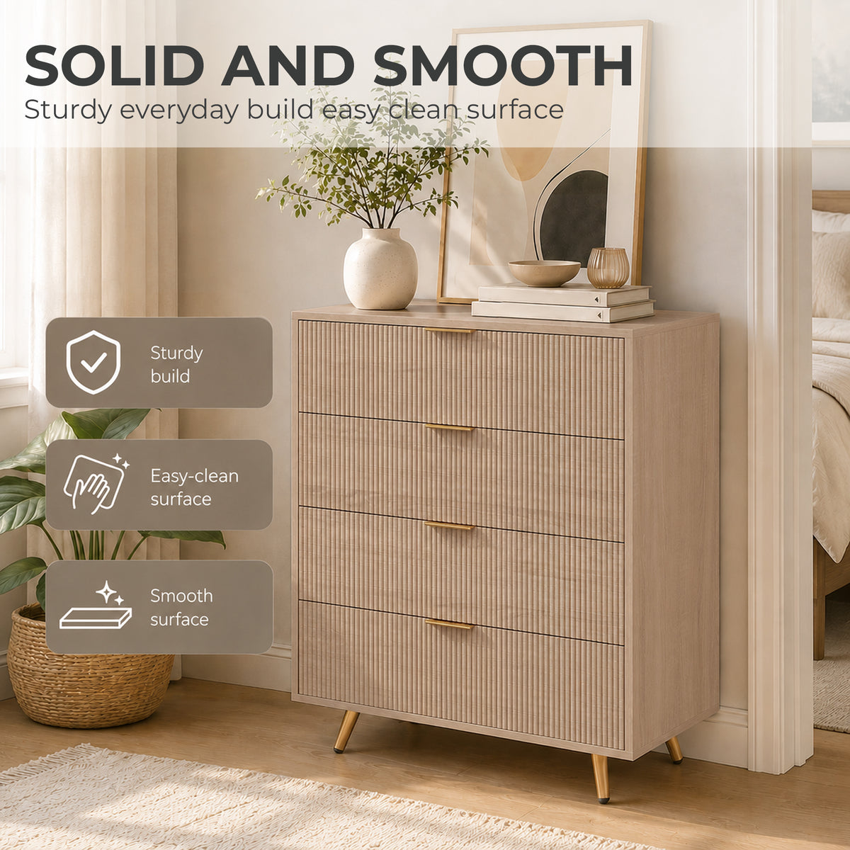 Bedroom Chest of Drawers with 4 Drawers, Fluted Dresser with Gold Tone Handles, Storage Cabinet, Natural