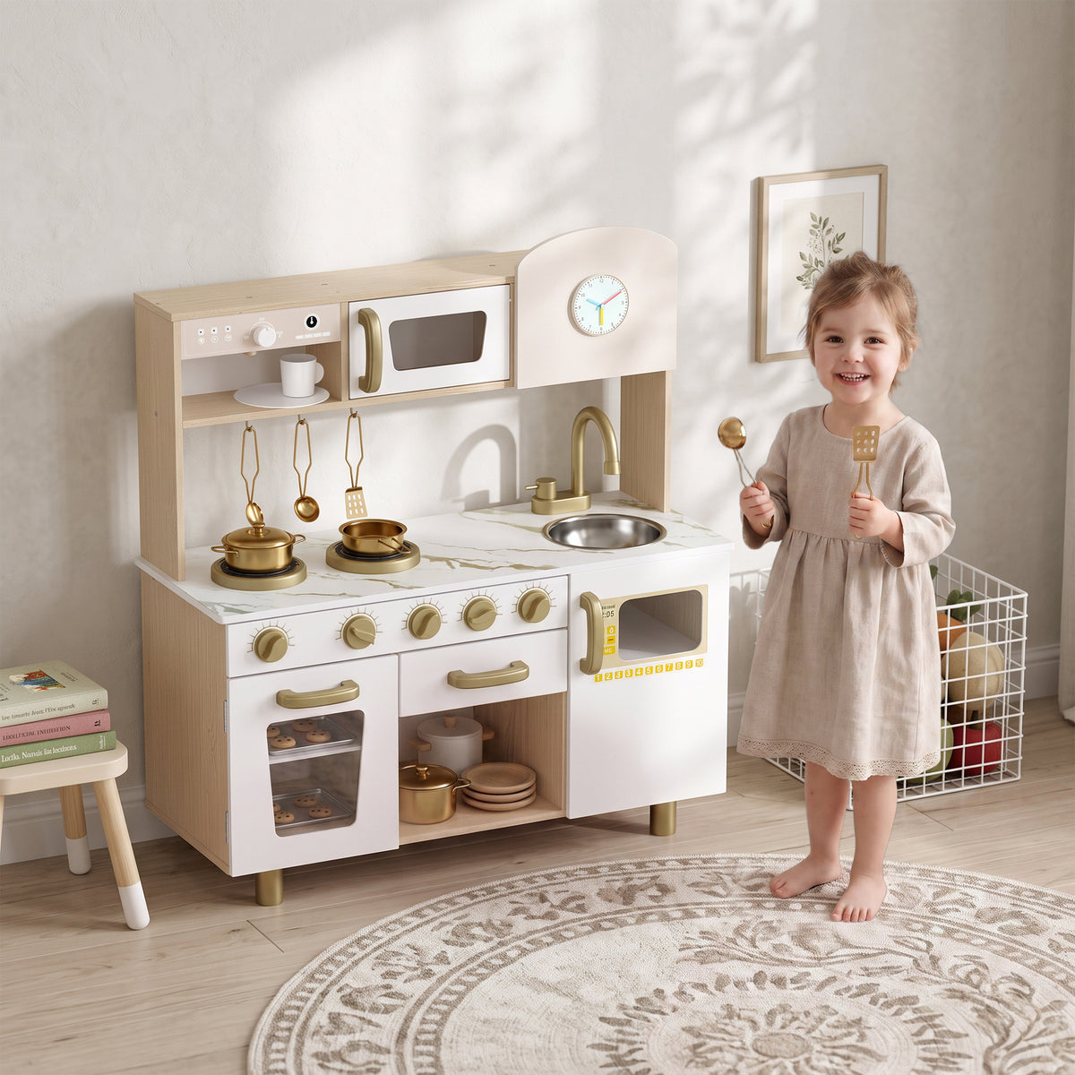 Play Kitchen, Kids Kitchen Playset with Rotating Coffee Machine, Storage Shelf, Stove, Gift for Kids 3-6 Years, White
