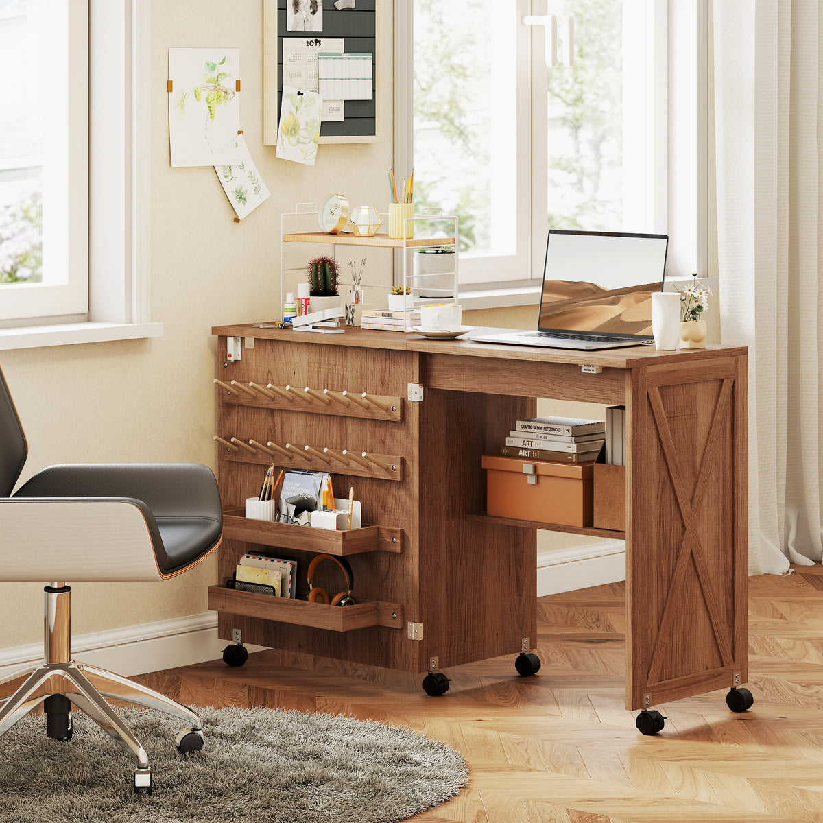 Folding Sewing Table, Rolling Craft Table with Storage compartments, Shelf and Lockable Casters for Small Spaces