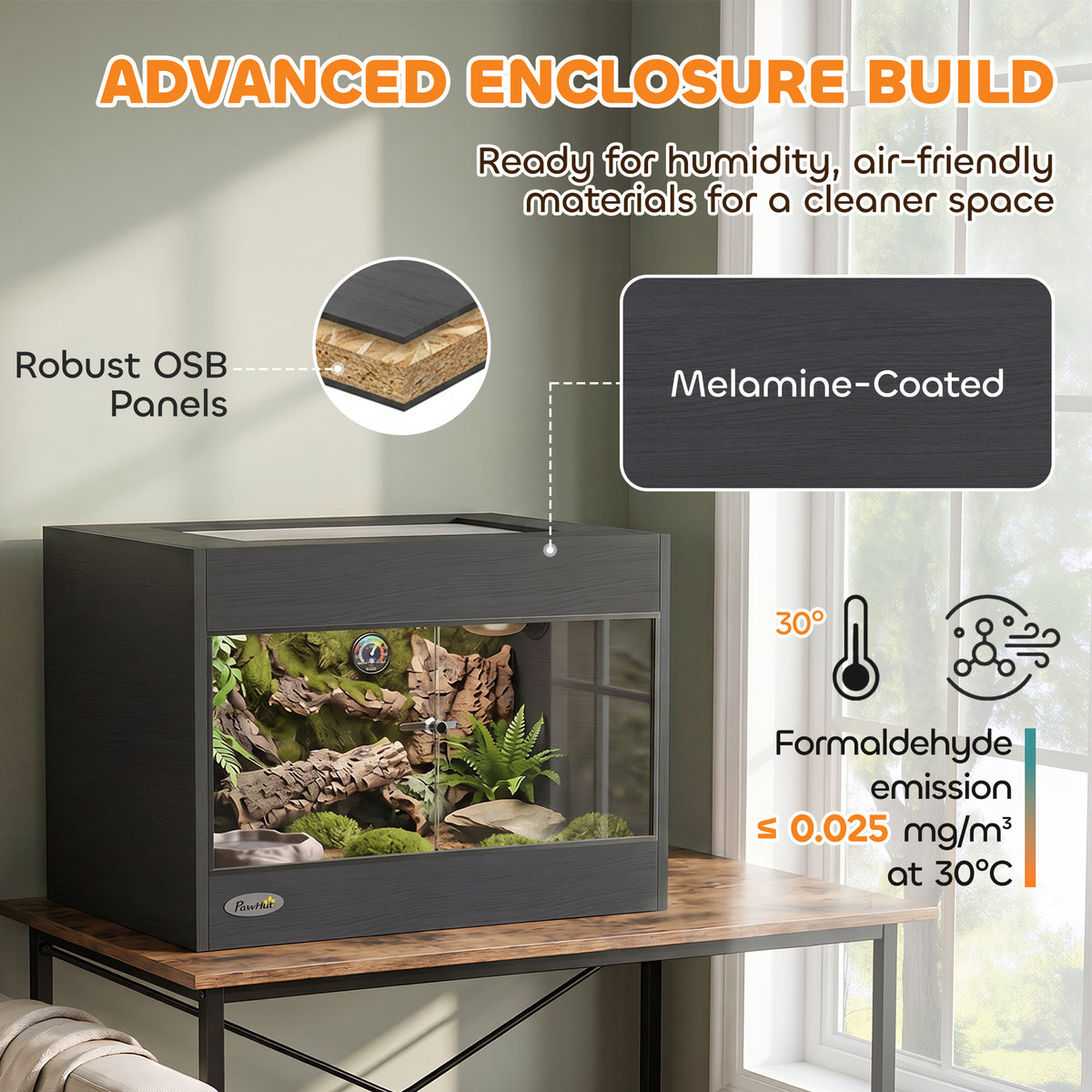 Reptile Terrarium, Reptile Vivarium with Glass Doors, Secure Lock, Top Ventilation for Snake, Gecko, 60x45x45cm, Black