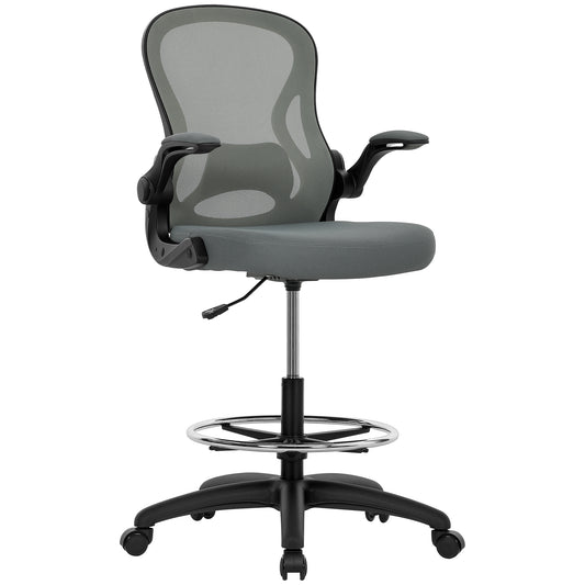 Drafting Chair, Ergonomic Tall Office Chair with Flip-up Armrests, Mesh Back, Lumbar Support, Adjustable Height and Foot Ring, Swivel Wheels, for Standing Desk, Charcoal Grey