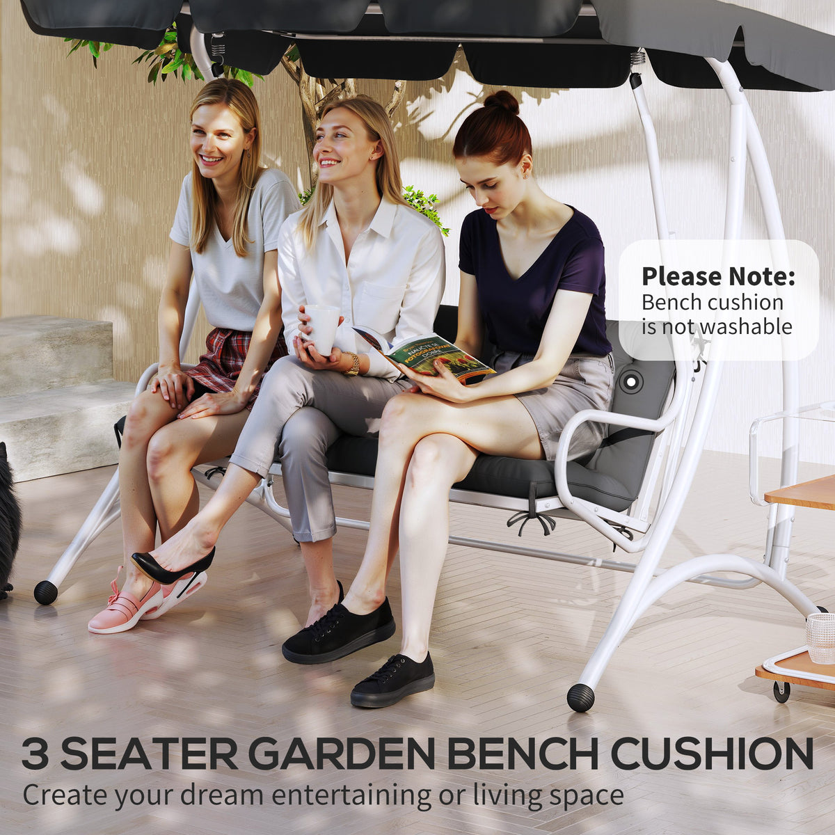 3 Seater Bench Pad, Garden Swing Chair Cushion with Back and Ties, Tufted Style Garden Furniture Window Seat Cushion for Indoor and Outdoor Use, 98 x 150 cm, Black