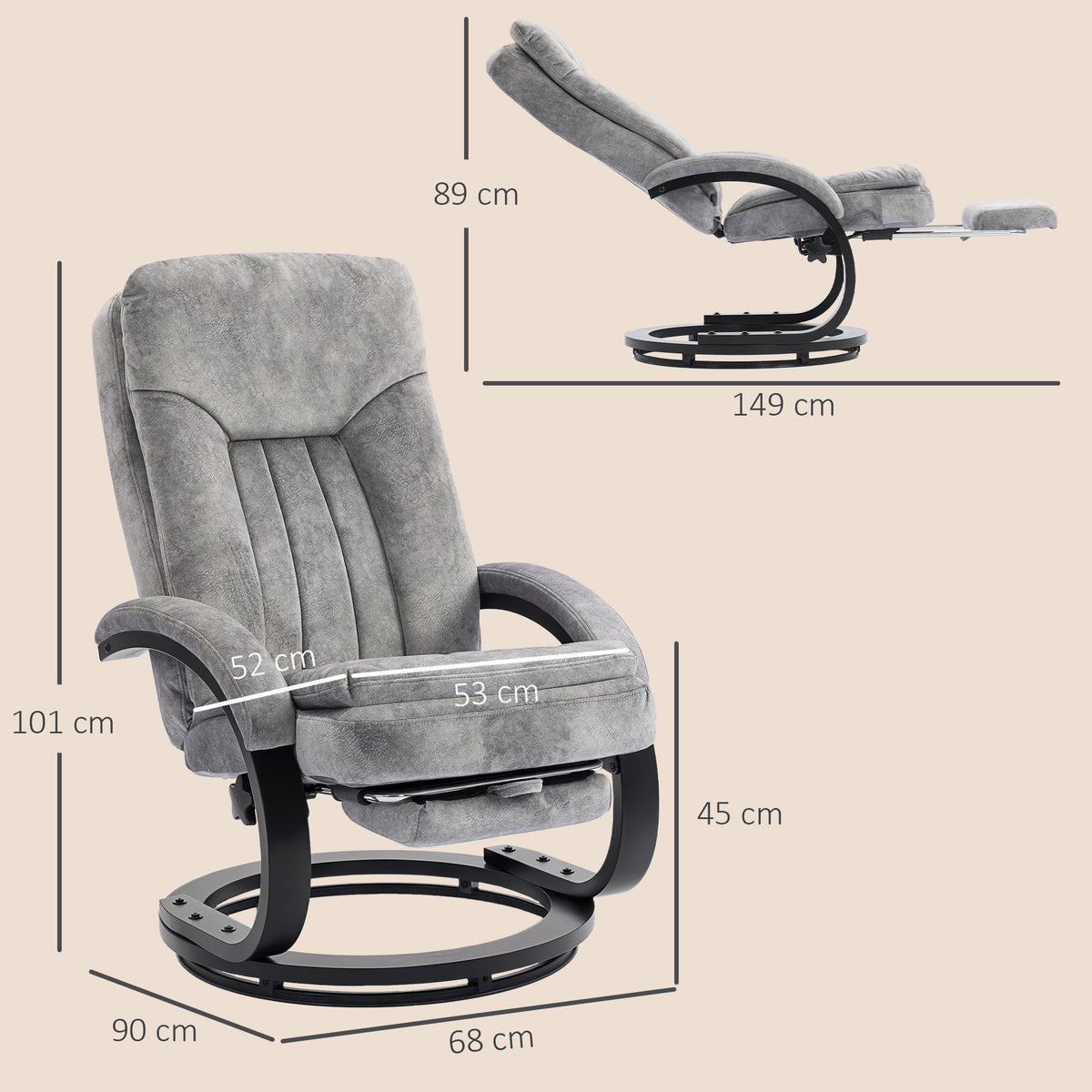 Swivel Recliner Chair with Footrest, Manual Recliner Armchair with Wooden Base, Plush Velvet Upholstered Reclining Chair for Living Room, Bedroom, Office, Grey