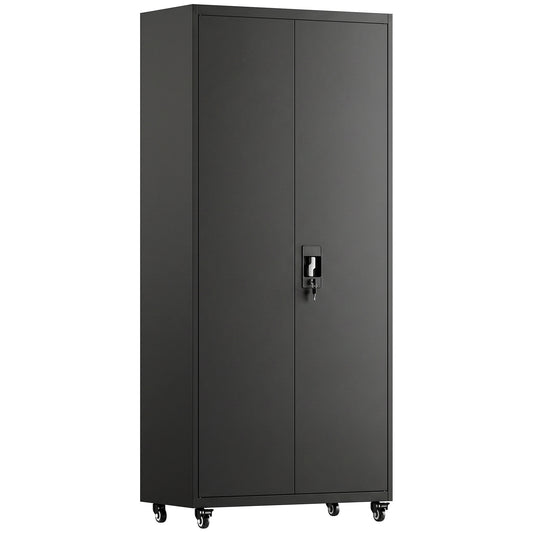 Metal Storage Cabinet, 180 cm Tall Lockable Steel Tool Cabinet with Removable Wheels and Adjustable Shelves, Black