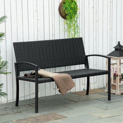 2 Seater Poly Rattan Garden Bench, All Weather Wicker Garden Loveseat, Outdoor Seating Bench with 240 Load Capacity, Backrest and Armrests for Patio, Terrace, Balcony