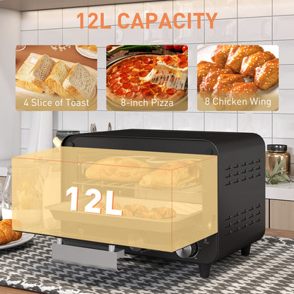 Small Toaster Oven, 12L Multifunction Mini Countertop Oven with Glass Door, Adjustable Temperature and Timer