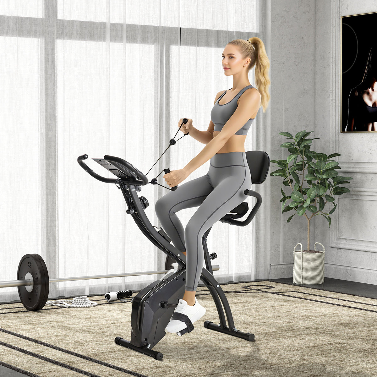 2-in-1 Folding Exercise Bike with 8-Level Magnetic Resistance, Arm Resistance Band, Pulse Sensor