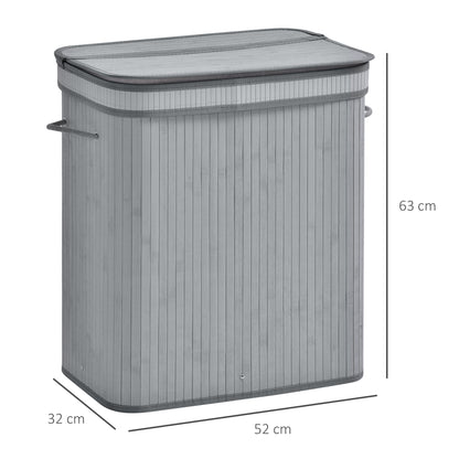100L Natural Wood Laundry Basket A Compartment w/Flip Lid Removable Lining Handles Board Base Foldable Durable Water-Resistant Dirty Clothes Storage Home Organisation Grey