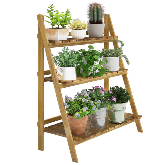 Wooden Folding Flower Pot Stand 3 Tier Garden Planter Display Ladder Gardener Storage Shelves Rack Herb Holder (80L x 37W x 93H cm)